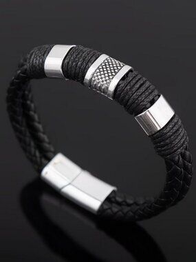 Mens Black Leather Bracellet with Decorative Silver and Black Metal
